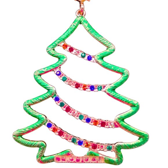 Silver Tone Rhinestone Christmas Tree Pendant Necklace Long Holiday Festive Glam - Picture 2 of 6